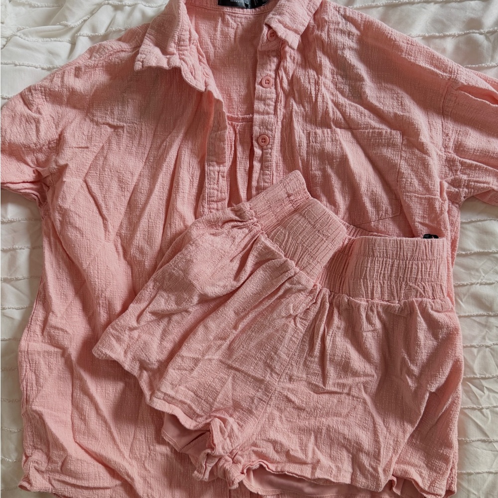 Missguided Pink linen button up shirt and shorts set